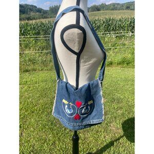Vintage Handmade Denim Shoulder Bag With Heart & Bird Embroidery